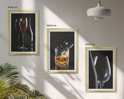 Bilder-3er-set mit rahmen Weingläser und Whiskygläser auf schwarzem Hintergrund