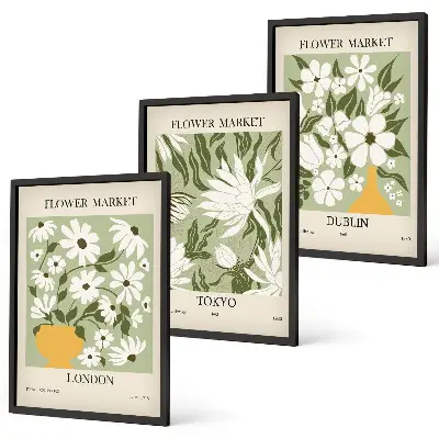 Blumenmuster London Tokio Dublin Bilder-3er-Set mit Rahmen