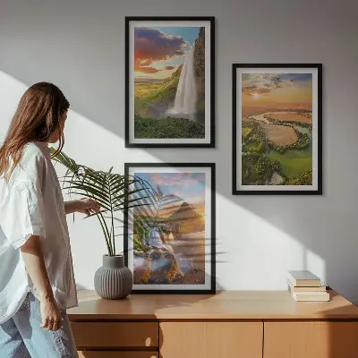 Gerahmtes Bilderset mit Motiven aus Wasserfällen und Landschaften im Westen