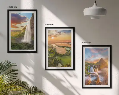 Gerahmtes Bilderset mit Motiven aus Wasserfällen und Landschaften im Westen