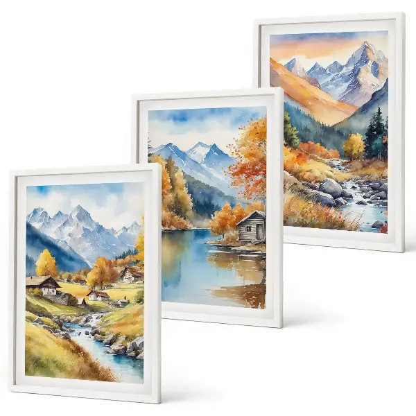 Bilder-3er-Set mit Rahmen herbstliche Berge und Flusshäuser
