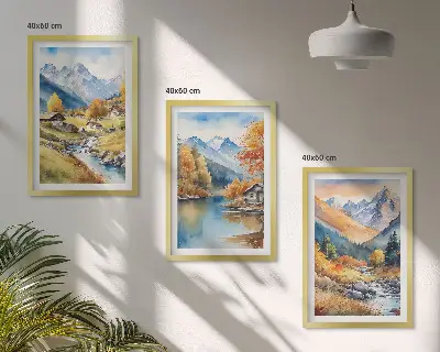 Bilder-3er-Set mit Rahmen herbstliche Berge und Flusshäuser