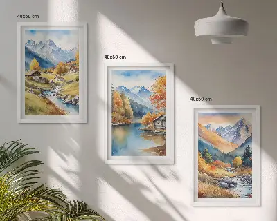 Bilder-3er-Set mit Rahmen herbstliche Berge und Flusshäuser