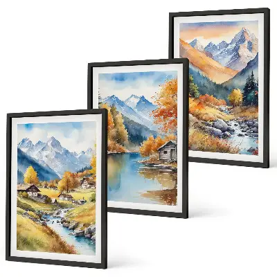 Bilder-3er-Set mit Rahmen herbstliche Berge und Flusshäuser