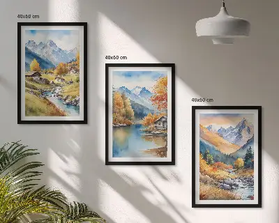 Bilder-3er-Set mit Rahmen herbstliche Berge und Flusshäuser