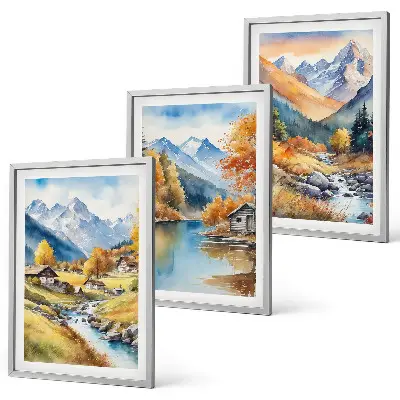 Bilder-3er-Set mit Rahmen herbstliche Berge und Flusshäuser