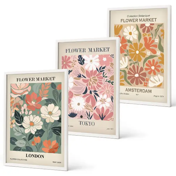 Gerahmtes Bilderset mit Blumenmuster aus London, Tokio und Amsterdam