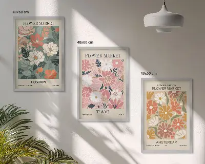 Gerahmtes Bilderset mit Blumenmuster aus London, Tokio und Amsterdam