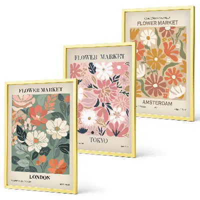 Gerahmtes Bilderset mit Blumenmuster aus London, Tokio und Amsterdam