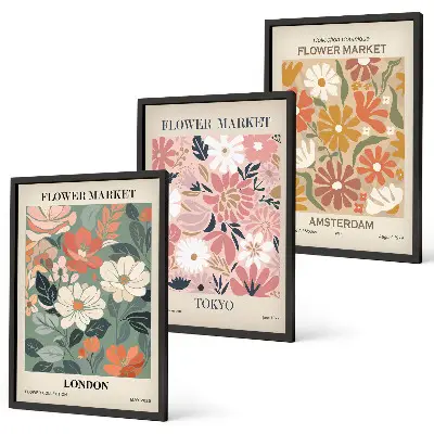 Gerahmtes Bilderset mit Blumenmuster aus London, Tokio und Amsterdam