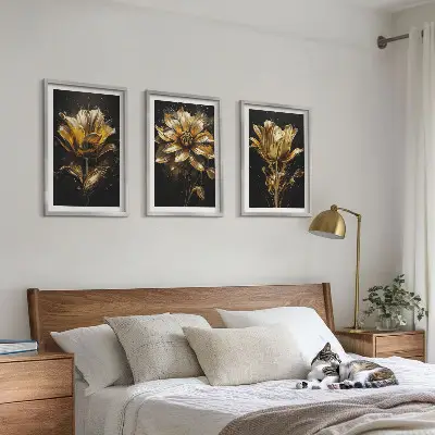 Gelbe Blüten auf dunklem Hintergrund 3er-Set mit Rahmen