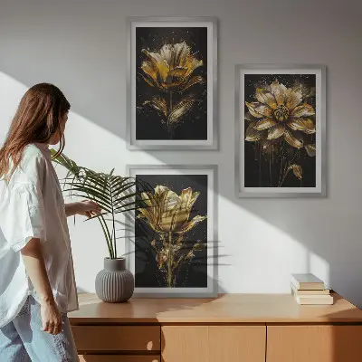 Gelbe Blüten auf dunklem Hintergrund 3er-Set mit Rahmen