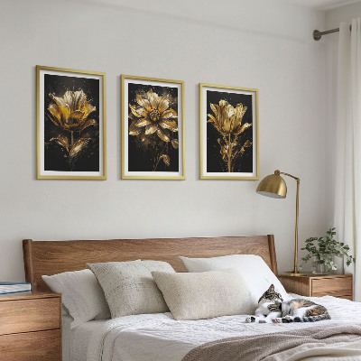Bilder-3er-set mit rahmen Gelbe Blüten auf dunklem Hintergrund