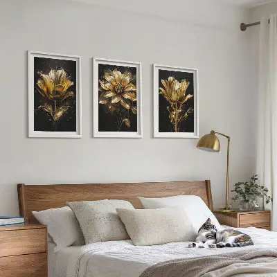 Gelbe Blüten auf dunklem Hintergrund 3er-Set mit Rahmen
