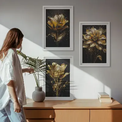 Gelbe Blüten auf dunklem Hintergrund 3er-Set mit Rahmen