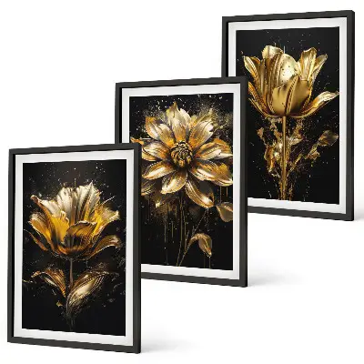 Gelbe Blüten auf dunklem Hintergrund 3er-Set mit Rahmen