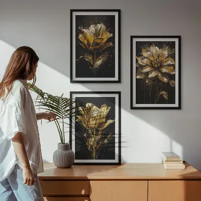 Gelbe Blüten auf dunklem Hintergrund 3er-Set mit Rahmen