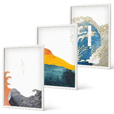 Gerahmtes Bilderset Wellen im japanischen Grafikstil