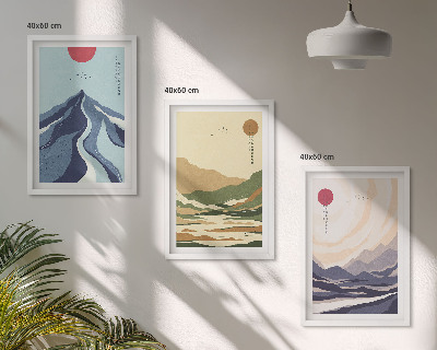 Gerahmtes bilderset Pastellfarbene Berge im Japandi-Stil