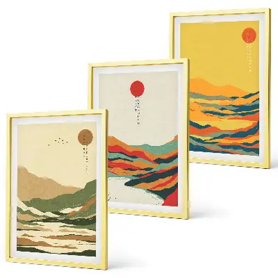 3er-Set Bilder mit Rahmen farbenfrohe Japandi-Flussberg-Muster