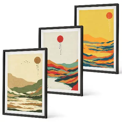 3er-Set Bilder mit Rahmen farbenfrohe Japandi-Flussberg-Muster