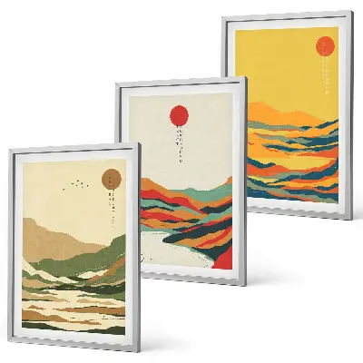 3er-Set Bilder mit Rahmen farbenfrohe Japandi-Flussberg-Muster