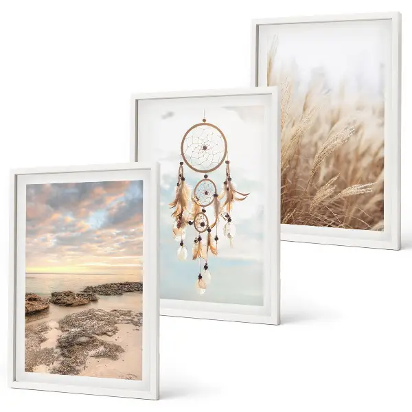 Gerahmtes Bilderset mit Motiven von Wolkenmeer, Traumfänger und Gras