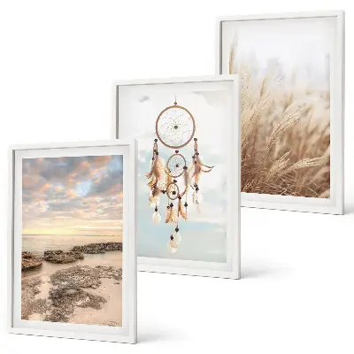 Gerahmtes Bilderset mit Motiven von Wolkenmeer, Traumfänger und Gras