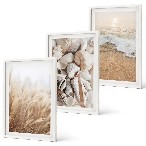 3er-Set Bilder mit Rahmen mit Strandmotiven, Muscheln und Wellen