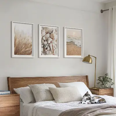 3er-Set Bilder mit Rahmen mit Strandmotiven, Muscheln und Wellen