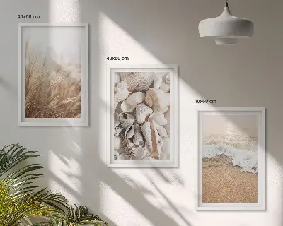 3er-Set Bilder mit Rahmen mit Strandmotiven, Muscheln und Wellen