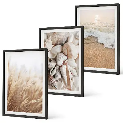 3er-Set Bilder mit Rahmen mit Strandmotiven, Muscheln und Wellen
