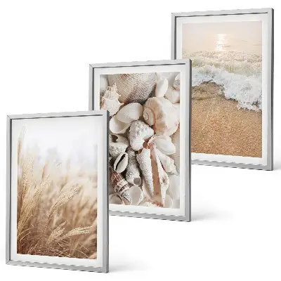 3er-Set Bilder mit Rahmen mit Strandmotiven, Muscheln und Wellen