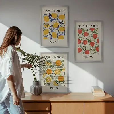 Blumenplakate in Städten gerahmtes Bilderset