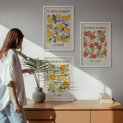 Blumenplakate in Städten gerahmtes Bilderset