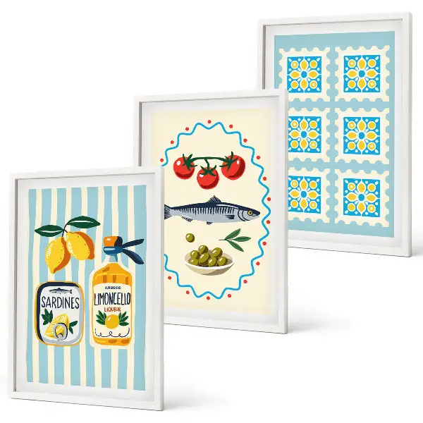 Illustrationen von Küchen im mediterranen Stil 3er-Set mit Rahmen