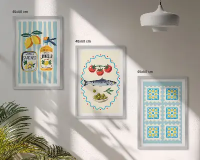 Illustrationen von Küchen im mediterranen Stil 3er-Set mit Rahmen