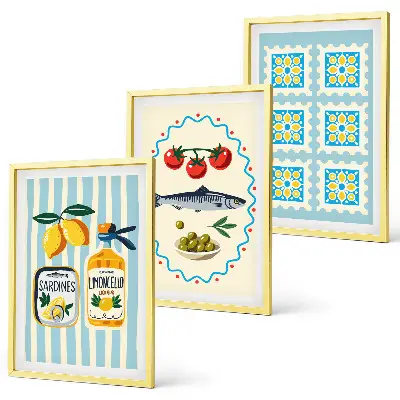 Illustrationen von Küchen im mediterranen Stil 3er-Set mit Rahmen