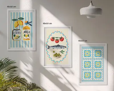 Illustrationen von Küchen im mediterranen Stil 3er-Set mit Rahmen