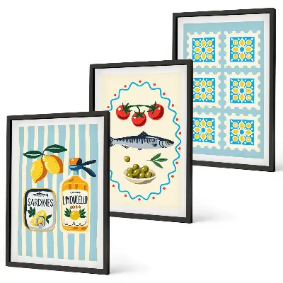 Illustrationen von Küchen im mediterranen Stil 3er-Set mit Rahmen