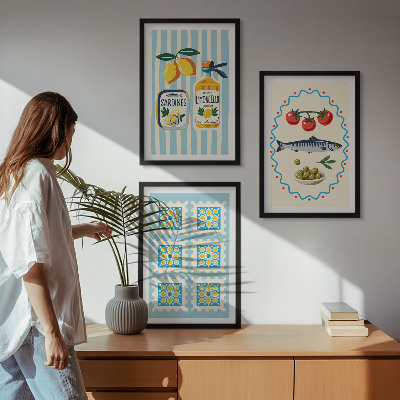 Bilder-3er-set mit rahmen Illustrationen von Küchen im mediterranen Stil