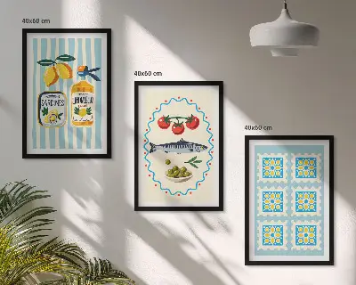 Illustrationen von Küchen im mediterranen Stil 3er-Set mit Rahmen