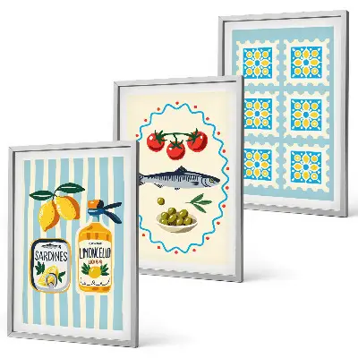 Illustrationen von Küchen im mediterranen Stil 3er-Set mit Rahmen