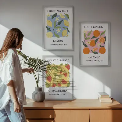 Fruchtposter Zitronen und Erdbeeren 3er-Set Wandbilder mit Rahmen
