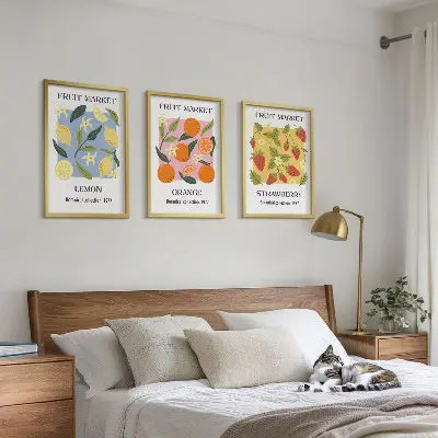 Fruchtposter Zitronen und Erdbeeren 3er-Set Wandbilder mit Rahmen