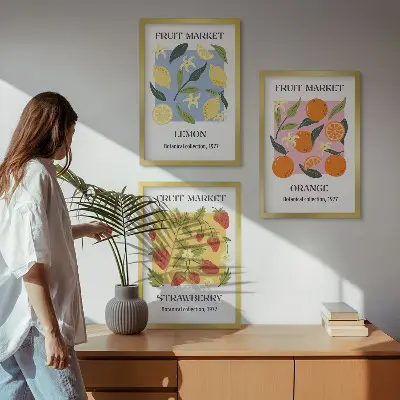 Fruchtposter Zitronen und Erdbeeren 3er-Set Wandbilder mit Rahmen