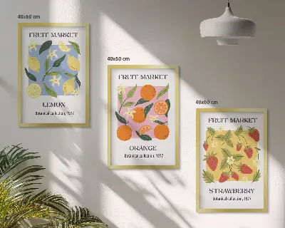 Fruchtposter Zitronen und Erdbeeren 3er-Set Wandbilder mit Rahmen