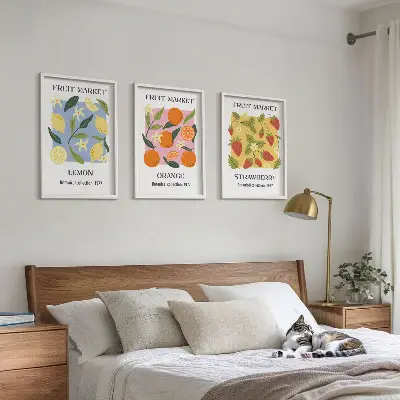 Fruchtposter Zitronen und Erdbeeren 3er-Set Wandbilder mit Rahmen