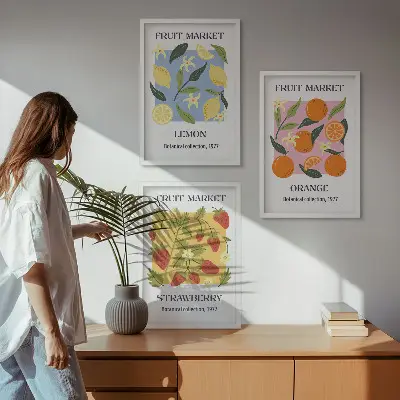 Fruchtposter Zitronen und Erdbeeren 3er-Set Wandbilder mit Rahmen