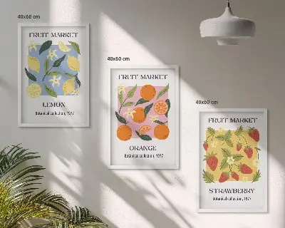 Fruchtposter Zitronen und Erdbeeren 3er-Set Wandbilder mit Rahmen